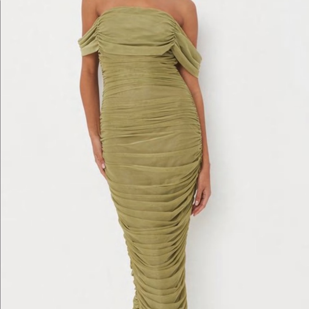Mesh ruched bardot midaxi dress